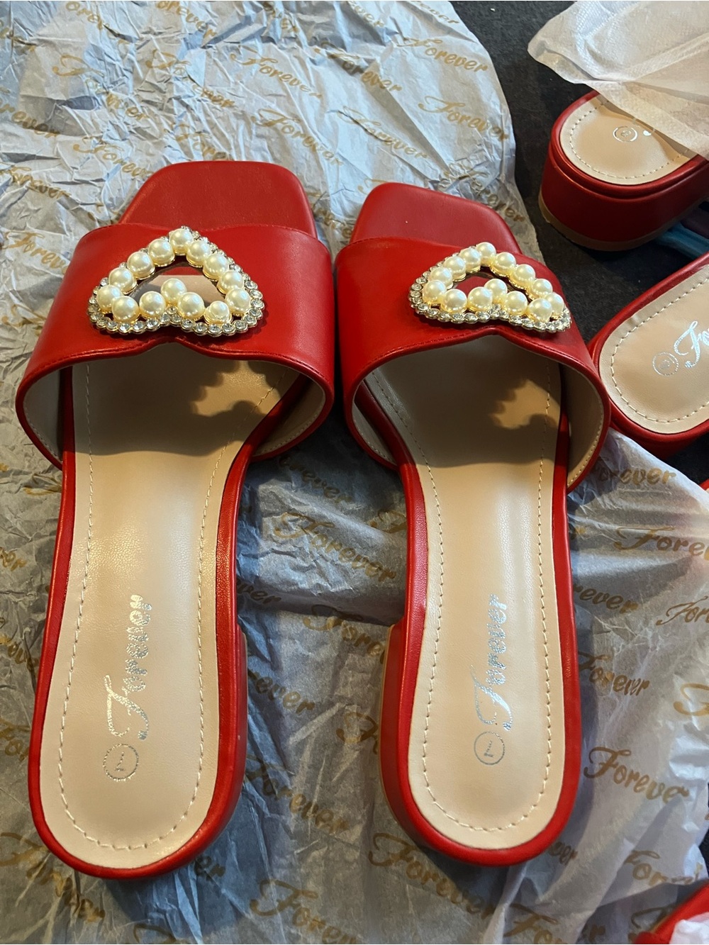 Forever 21 Red Pearl & Rhinestone Heart Slide Mules